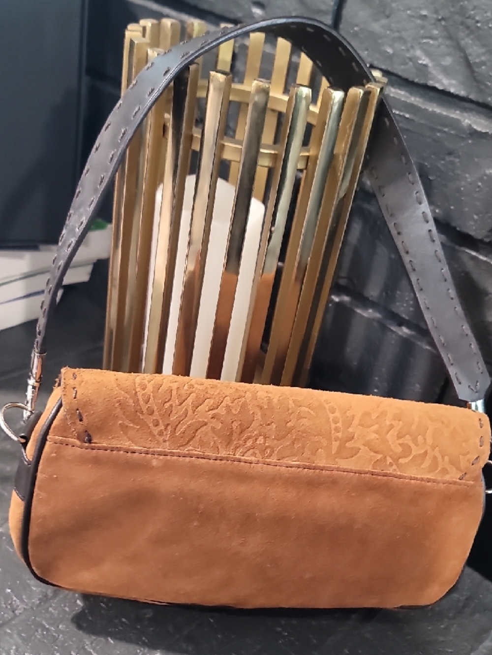 Vintage The Limited Suede Embossed Saddle Bag - Tan - Picture 4 of 8